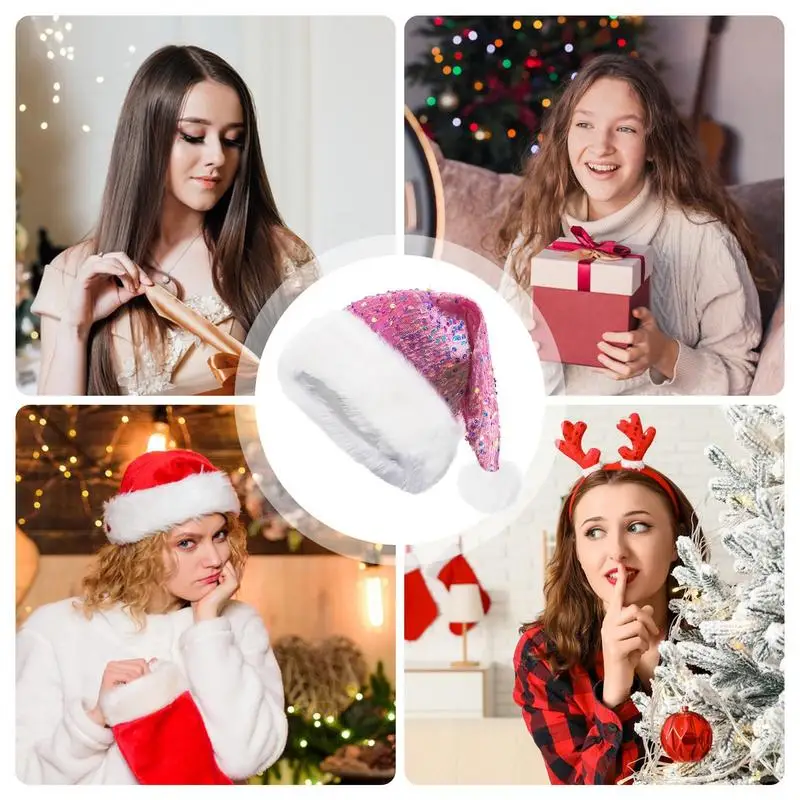Sequin Santa Hat Pink Christmas Sequin Santa Hat With Shiny And Pompom Christmas Headwear Happy New Year Sequined