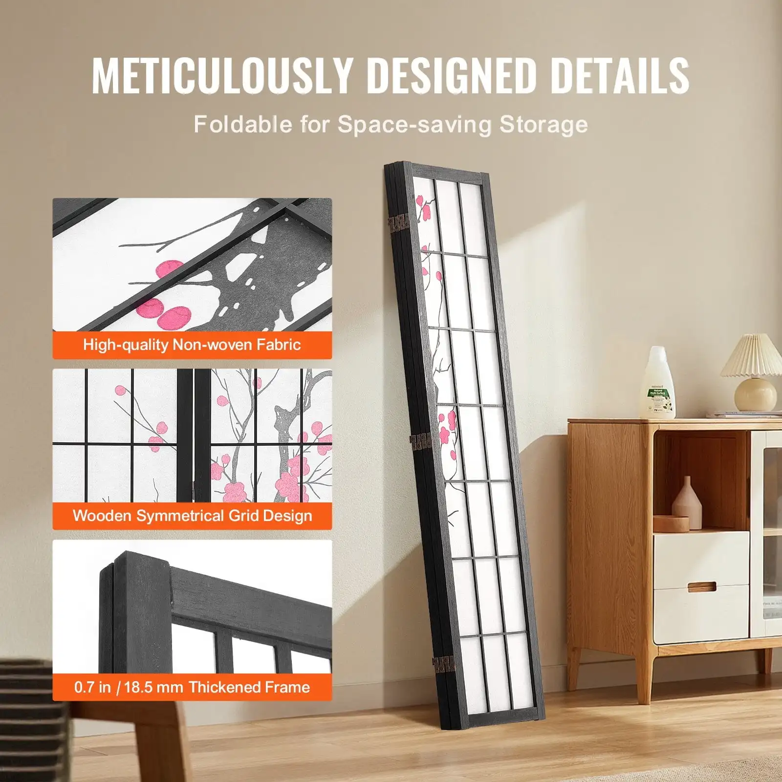 Room Divider, 4 Panel Japanese Room Divider Screen, Wood Folding Privacy Screen Indoor 4