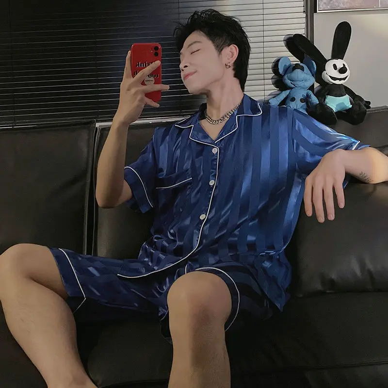 Men's Summer Ice Thin Silk Pajamas Short Sleeve Shorts Two Piece Set Oversized Loose Fitting Casual Jacquard Home Clothing