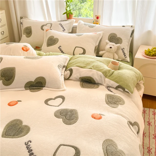 1PC White Gray Heart Orange Flannel Duvet Cover