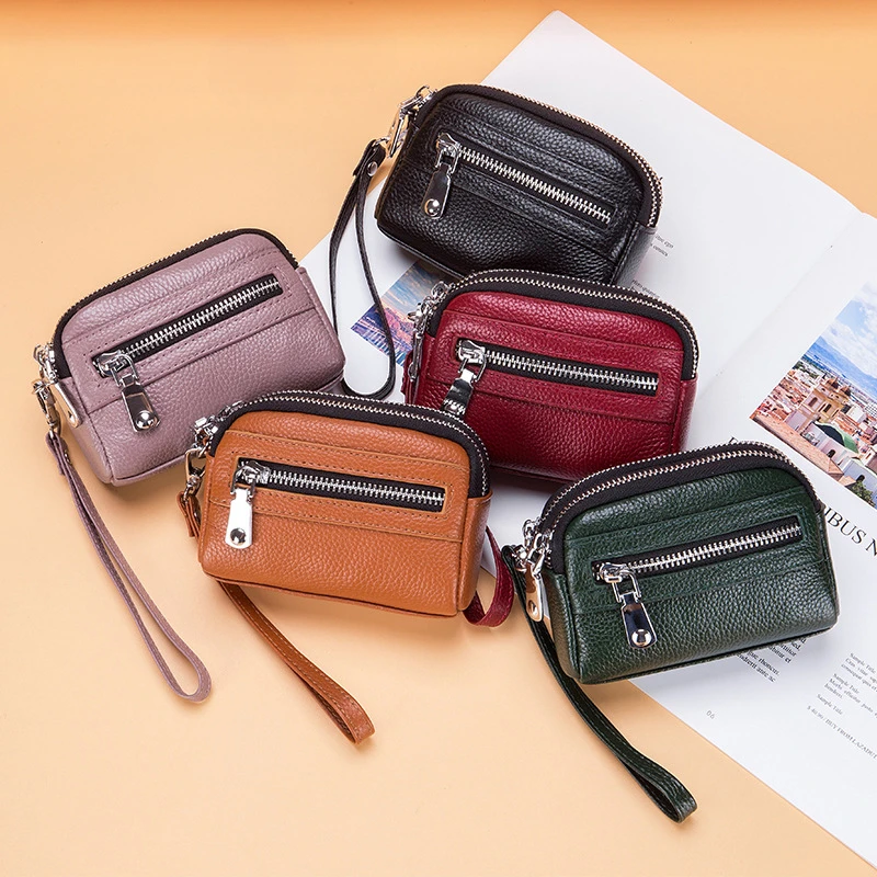 Genuine Leather Women's Wristlet Clutch Large Capacity Coin Purse with Double Zipper Multi Functional Handbag