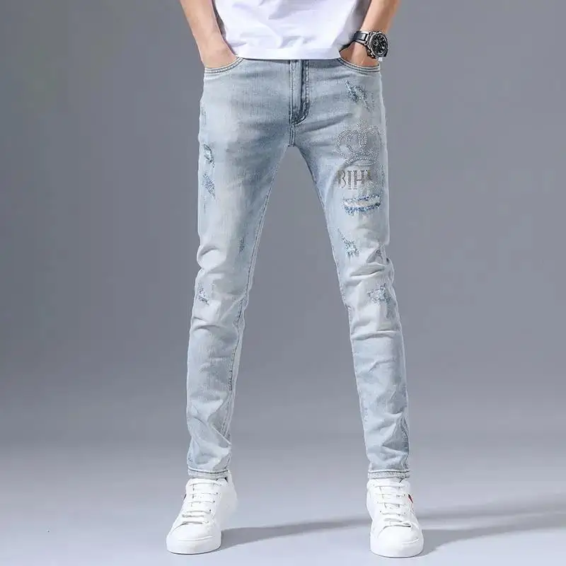 Trendy Luxury Washed Slim Jeans for Men Ripped Crown Rhinestone Stylish Comfortable Design Boyfriend Casual Blue Jeans