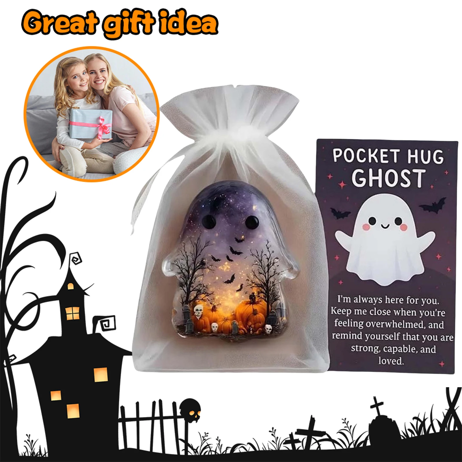 Pockets Hug Ghost Keepsake with Positive Cards Figure Sculpture Mini Charm for Halloween Christmas Loved Ones Friends