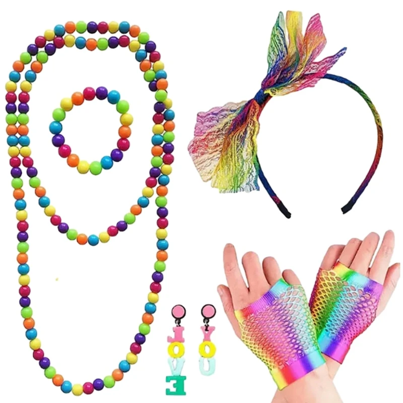 

Women's 80s Outfit Costume Accessories Set Earrings Fishnet Gloves Necklace Bracelet Lace Headband for Halloween Party