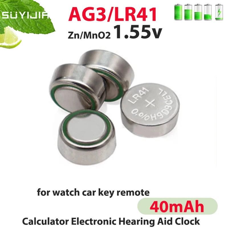 

New AG3 LR41 Button Battery 1.55V 40mAh Zinc Manganese Battery for Watch Car Key Remote Calculator Electronic Hearing Aid Clock