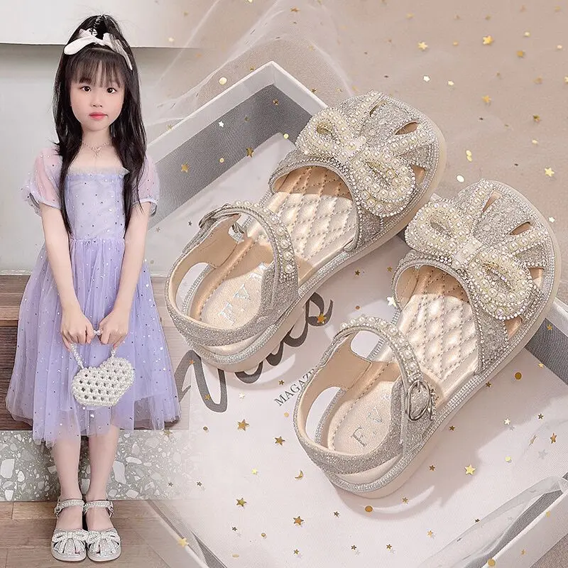 

Girls Sequin Bow Kids Shoes Girls Cute Rhinestone Princess Dance Single Casual Shoe 2024 New Children's Party Wedding Shoes