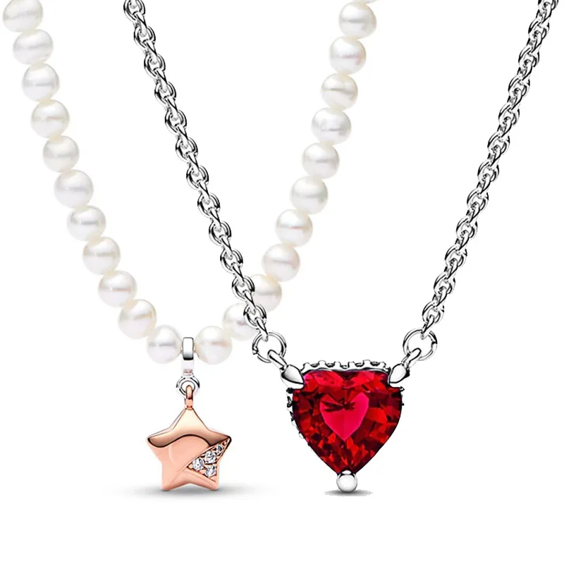 

Red Sparkling Heart Halo Pendant Collier Lucky Star Series A Pearl Necklace 925 Sterling Silver Valentine's Day DIY Jewelry