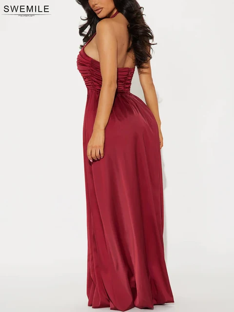 SWEMILE Simple Pleated A-line Evening Dress 2025 Halter Beach Wedding Party Special Celebration Prom Gowns Floor-Length Vestidos 3