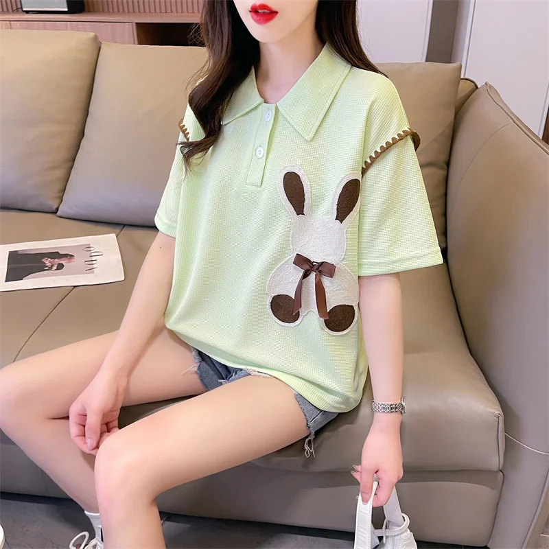 

Casual Turn-down Collar Loose T-shirt Summer Fashion Cartoon Patch Designs Women's Clothing Spliced All-match Button Pullovers