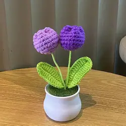 Handwoven Mini Rose Potted Plant - Woolen Thread Ornament for Office and Home Decor (S)