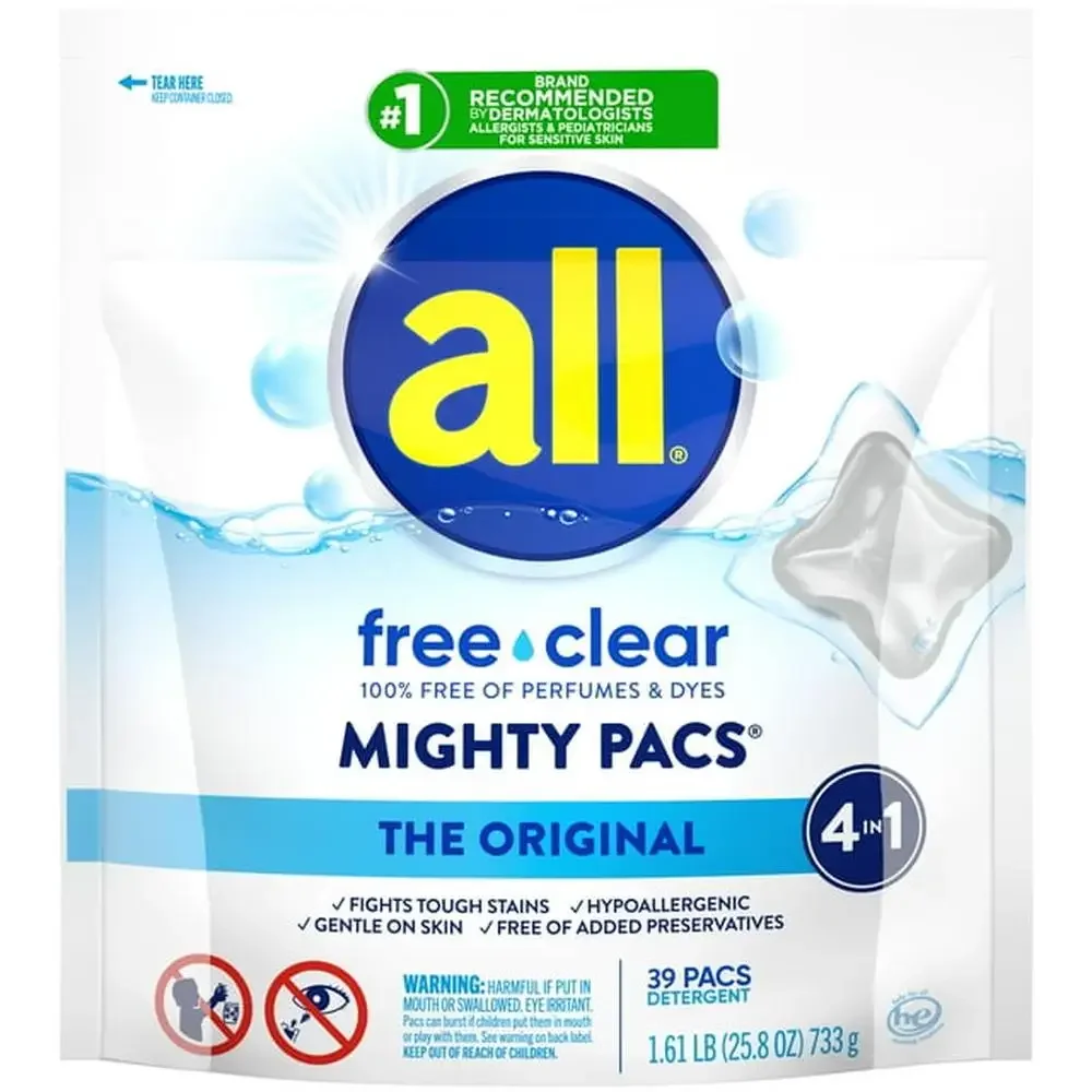 Sensitive Skin Laundry Detergent Pods All Free Clear Mighty Pacs Hypoallergenic Formula 39 Count Tub Fragrance & Dye Free Gentle