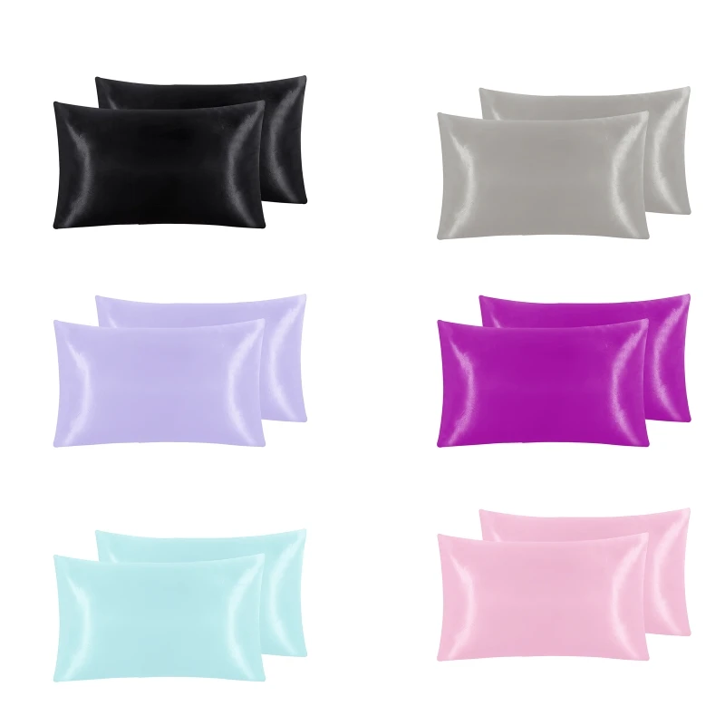 

2Pcs Imitation Silk Pillow for Case Solid Color Smooth Home Bedding Rectangle Cushion Cover with Envelope Closure D5QD