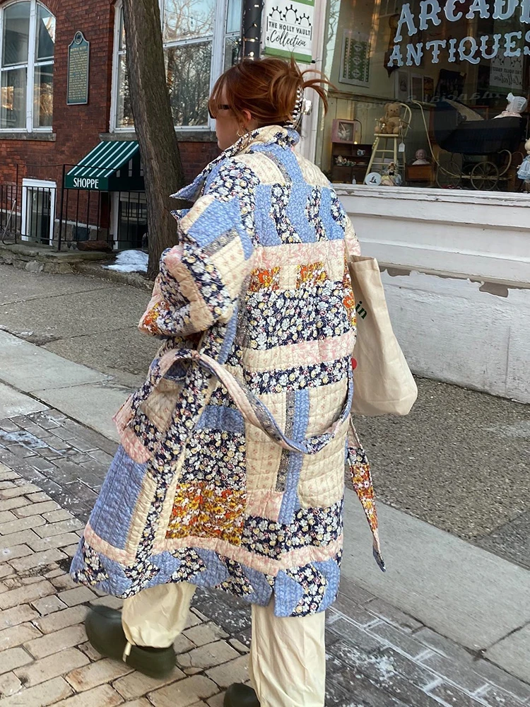 

Winter Women Printed With Belt Long Cotton Coat Long Sleeve Lapel Pocket Thicken Warm Jacket 2023 Fashion Female Street Outwear