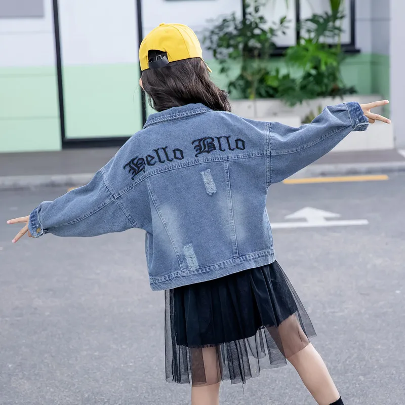 

Casual Jeans Coat for Kids Girls Cotton Turn-down Collar Denim Jackets Teenage School Girls Letter Print Tops Autumn Clothes New