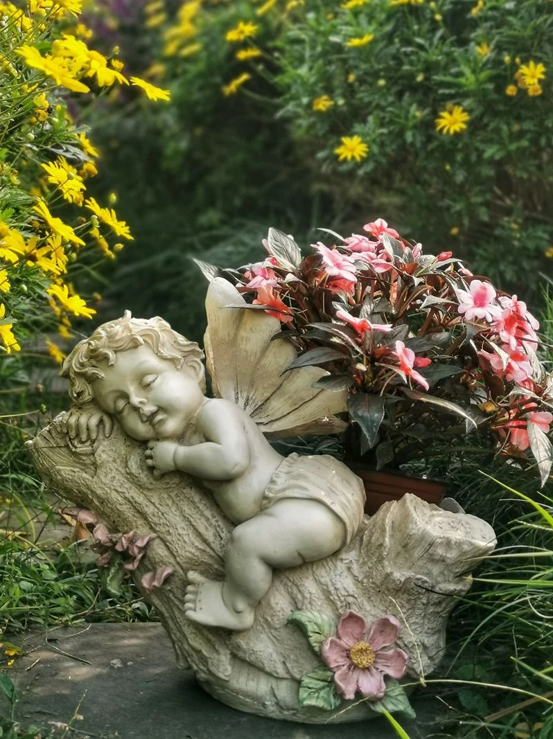 

Outdoor Cute Sleeping Stump Angel Flower Pot Resin Ornaments Landscape Garden Park Furnishing Crafts Yard Lawn Figurines Decor