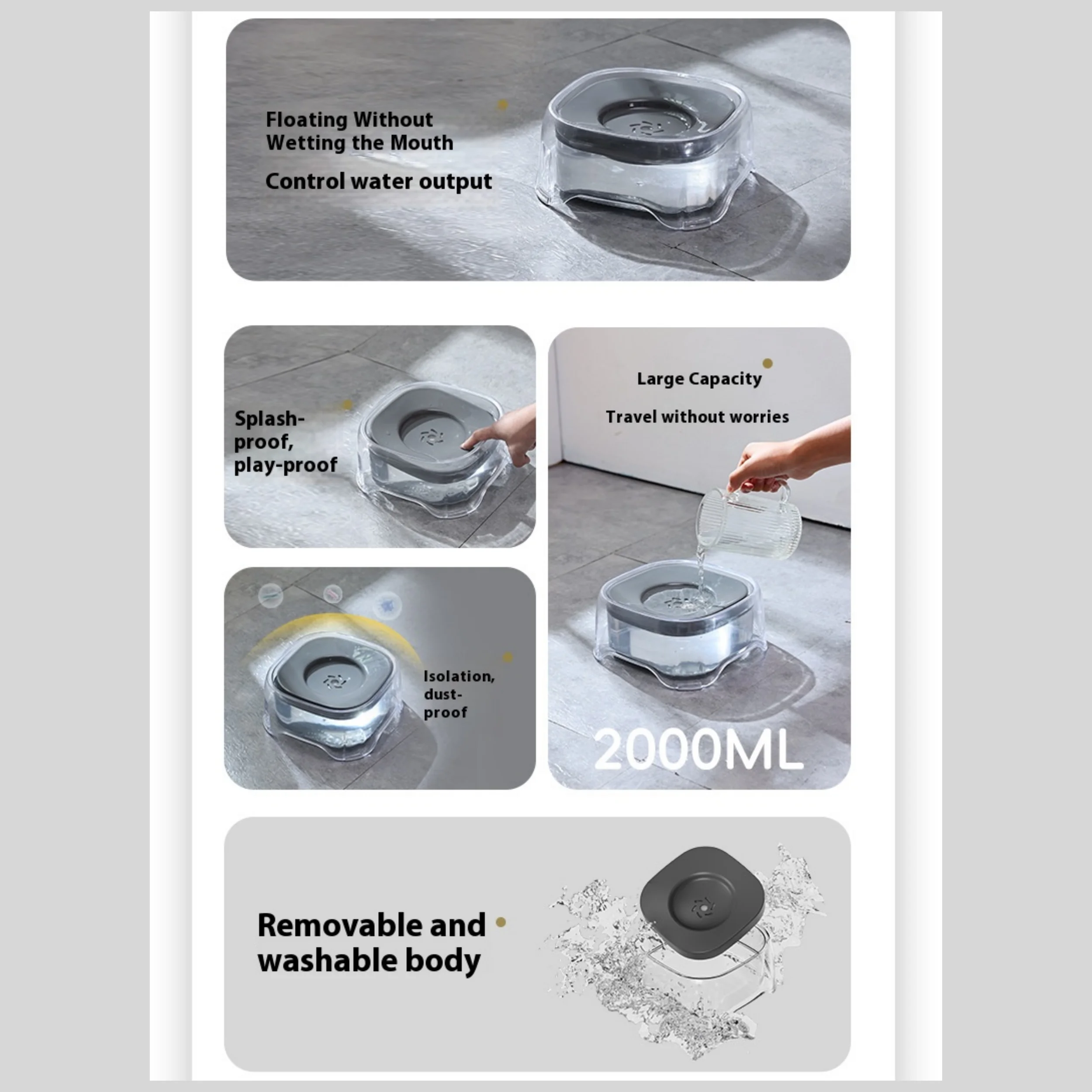 Premium Spill-Proof Pet Water Bowl with Dust-Resistant Filter, 2000ml Capacity, Transparent Design