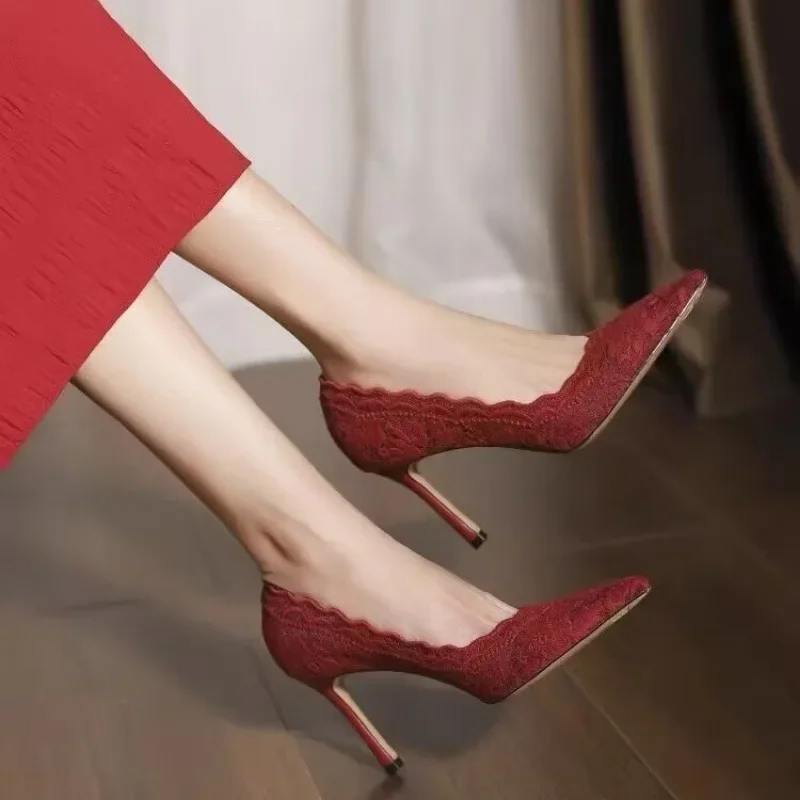 Women's Large Size High Heels Thin Heels Pointed Toe Lace High Heels Dress Banquet Mature New Spring Sexy Zapatillas De Mujer 5