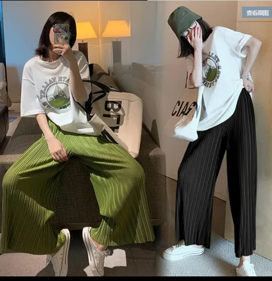 Short Sleeve T-Shirt Wide Leg Trousers Twinset Maternity Summer Loose Casual Pregnant Woman Clothes Set Fashion Printed Suit