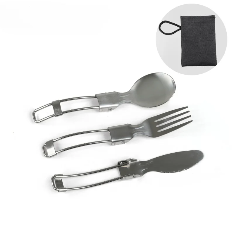 Stainless Steel Folding Tableware for Outdoor Travel Portable Folding Knives Forks and Spoons Cloth Bag Picnic Camp Cutlery