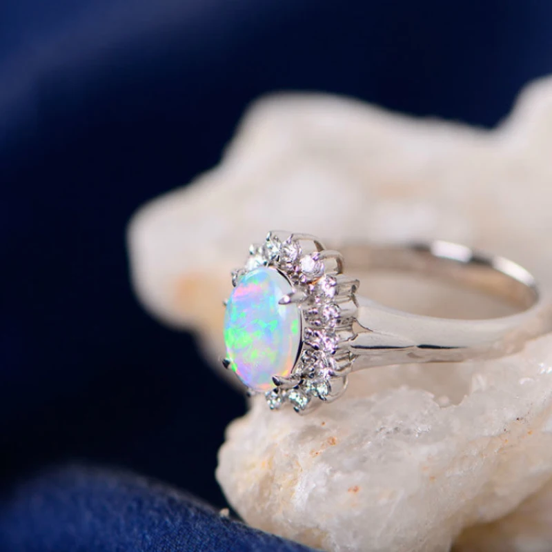 New in Silver Inlaid Zircon Elegant Style Colorful Opal Engagement Ring Opening Adjustable Exquisite Charm Jewelry for Women