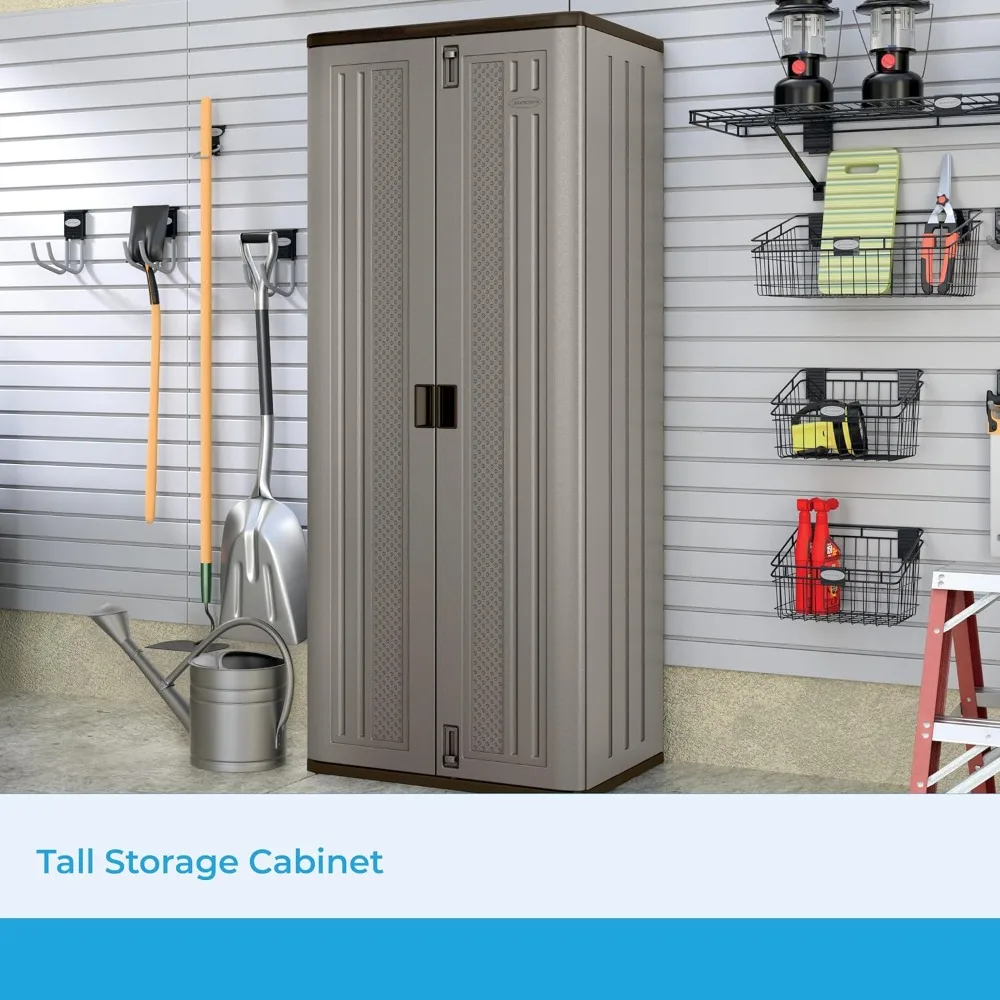 tall storage cabinet, platinum resin outdoor & garage storage cabinet with doors & shelves, plastic, weather-resistant, lockabl