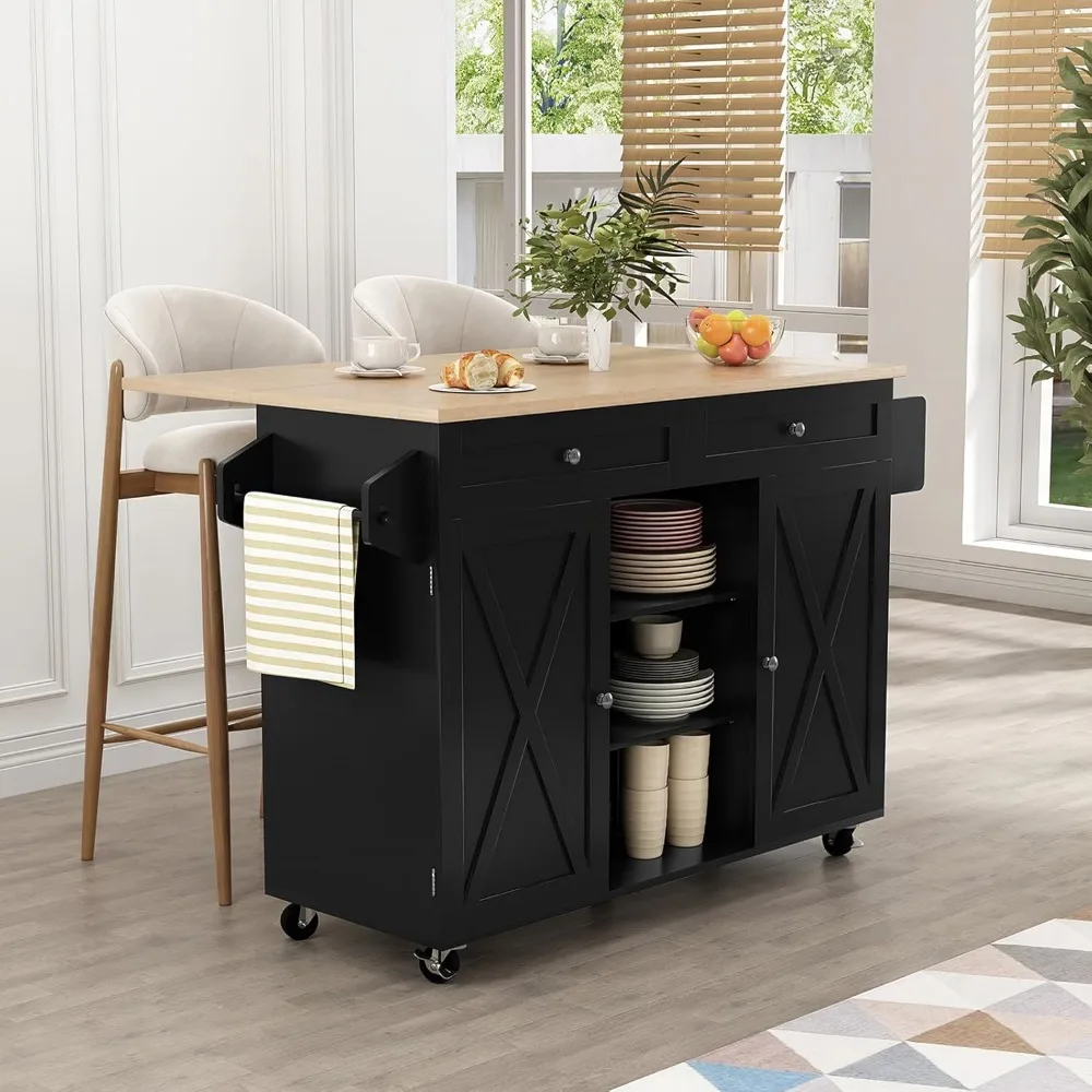 Kitchen Island On Wheels, Rolling Kitchen Island Cart with Drop Leaf Countertop, Barn Door Table