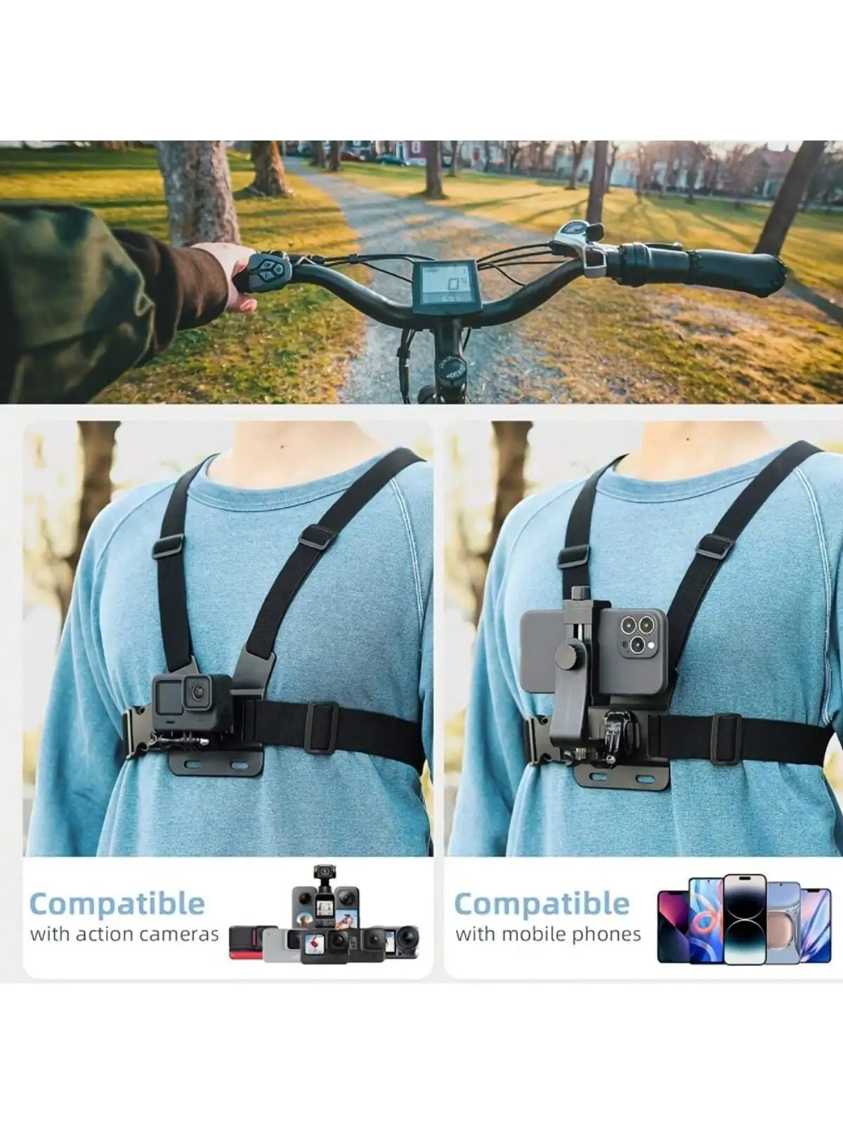 Stabilisateur de téléphone à fixation pectorale anti-vibration pour caméras d'action en action, avec un coureur portant l'équipement.