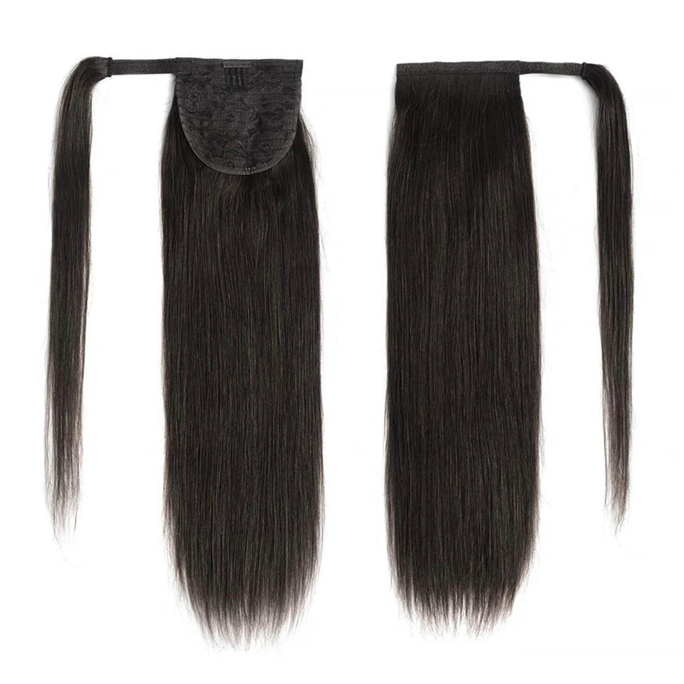 Ponytail Human Hair Wrap Around Bone Straight Peruvian Remy Hair Extensions 16-24 Inches Clip Ins Natural Color Hairpiece