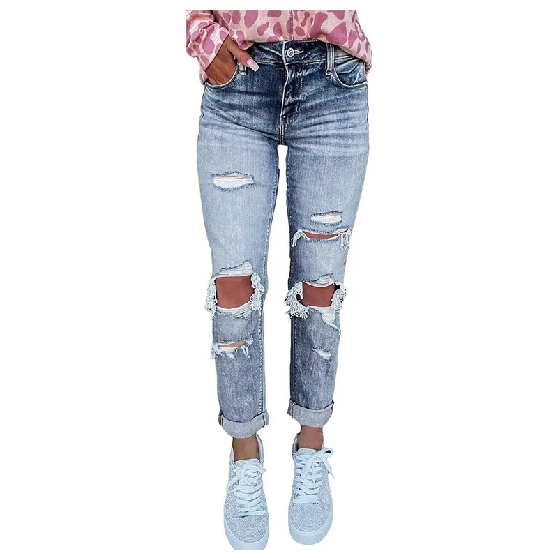Women Stretch Skinny Hole Denim Pencil Pants 2021 Blue Ripped Jeans for Female Street Style Sexy Mid Waist Distressed Trousers women s vintage street jeans high waisted harajuku blue straight pants 2021 casual jeans ripped hip hop summer denim pant female