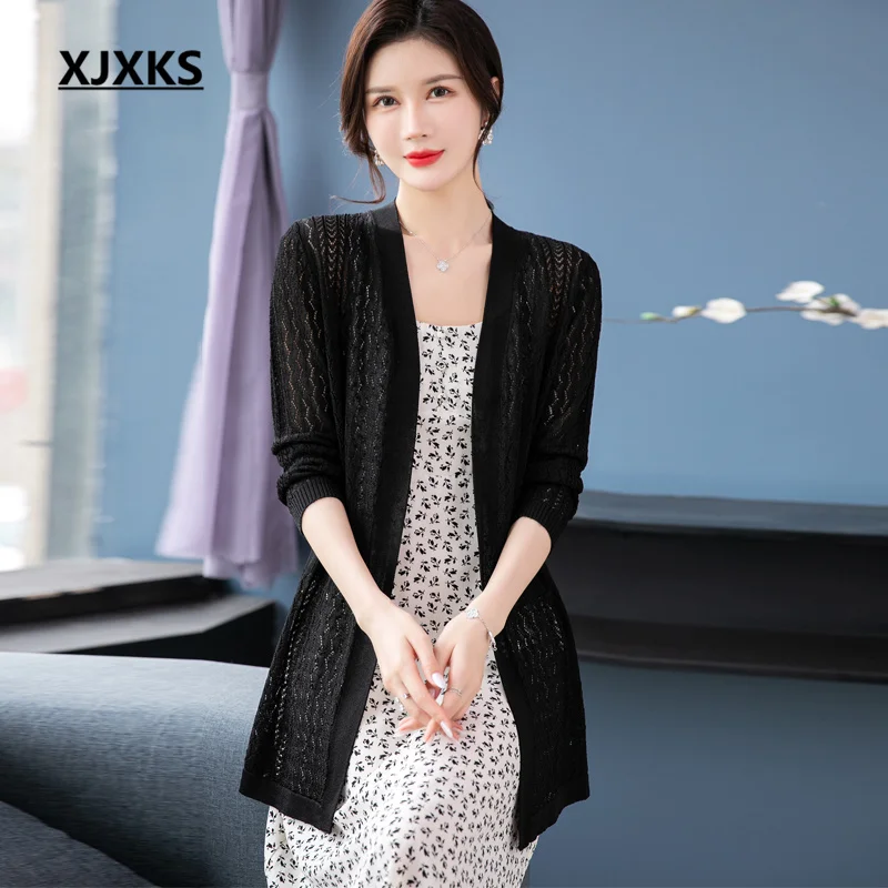 

XJXKS 2023 Summer And Autumn New Fashion V-neck Long-sleeved Sunscreen High-quality Ice Linen Knitted Thin Sweater Jacket