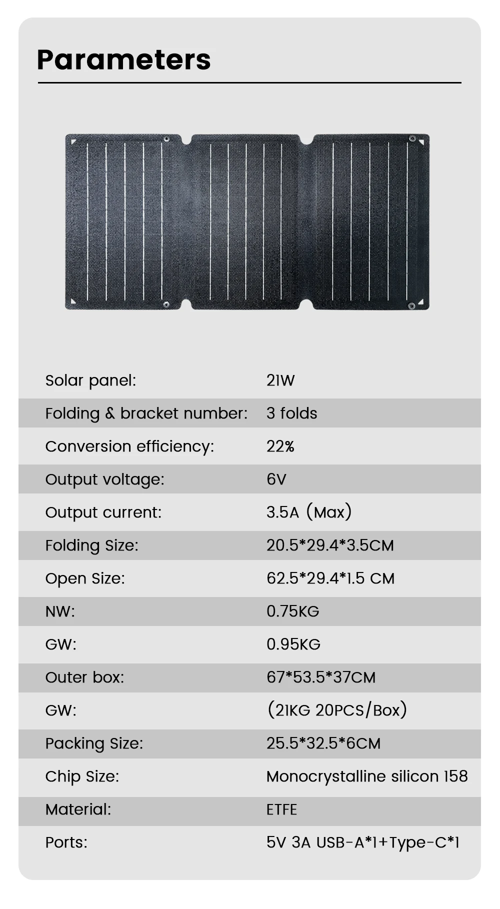 ETFE 21W 36W 54W Solar Panel 22% high efficiency photoelectric conversion effici