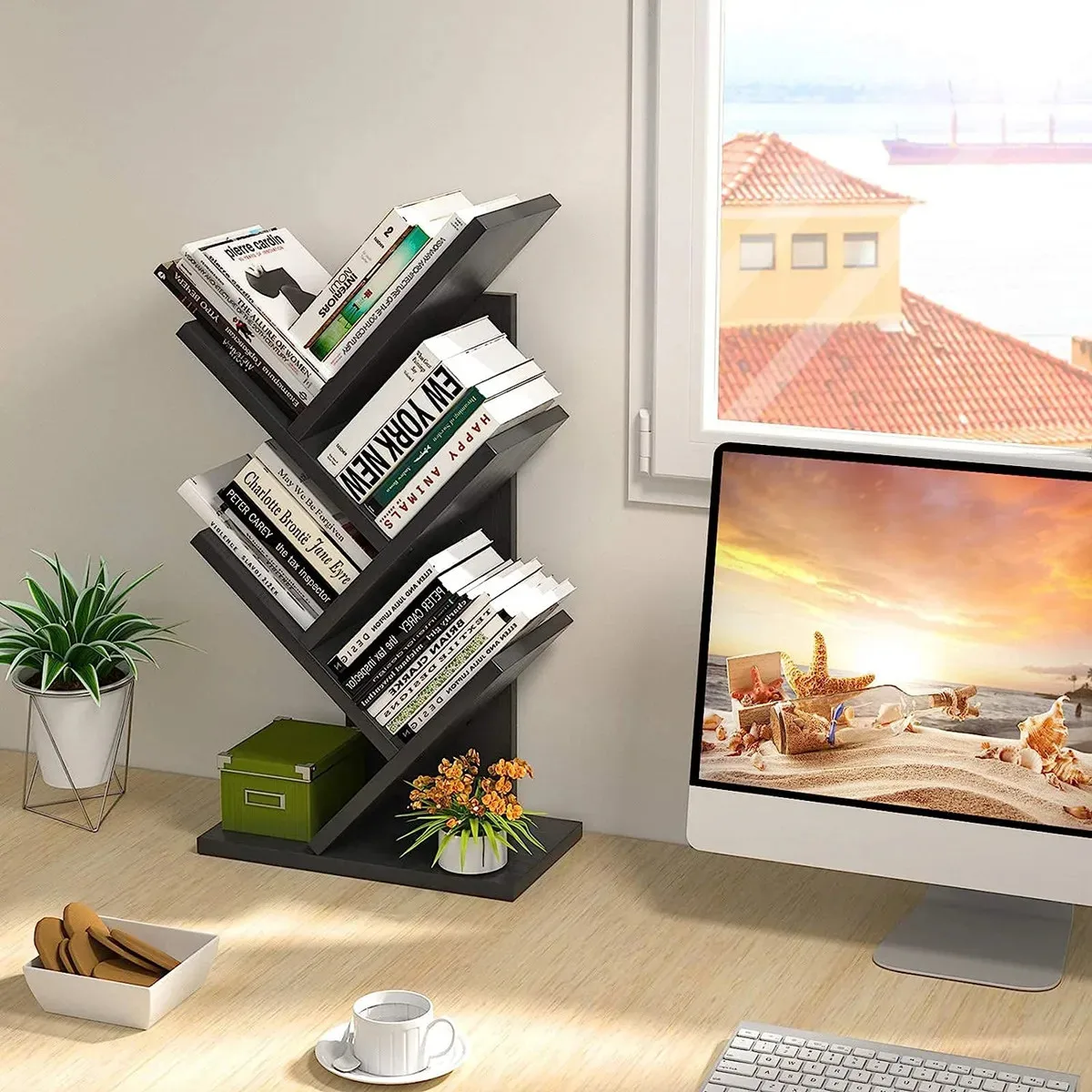 4-Tier Tree Bookshelf Book Storage Organizer Shelves Floor Standing Bookcase for Cd/Magazine/Books