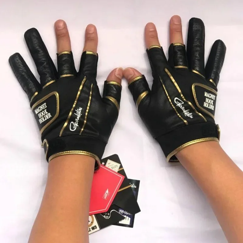 남성용 Gamakatsu 핑거리스 낚시 장갑, 미끄럼 방지 가죽 장갑, 낚시 사이클링, 야외 스포츠, 겨울용 따뜻한 PU 장갑