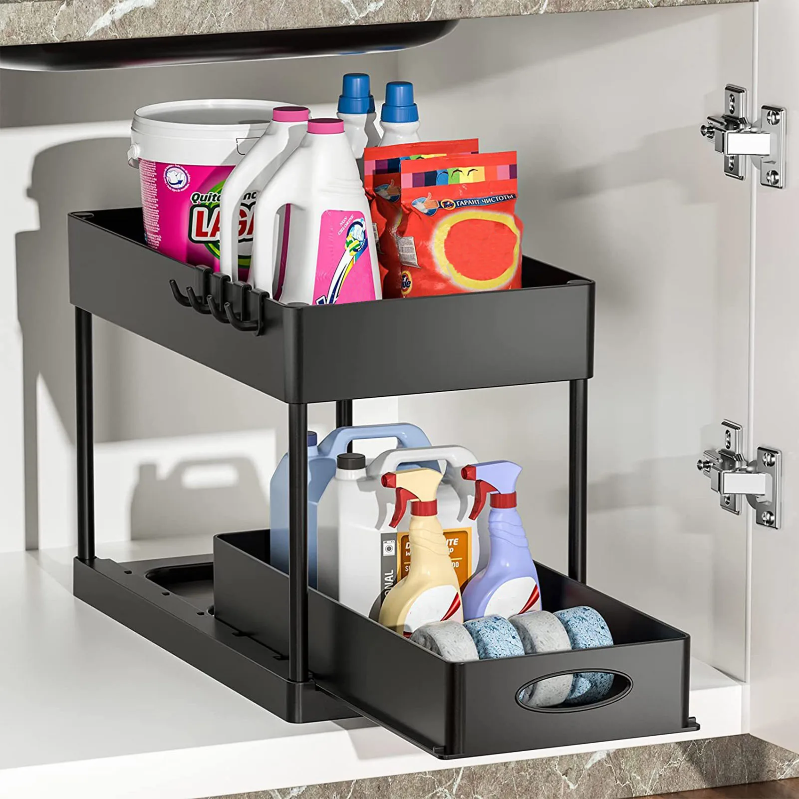 Under Sink Organizer, Multi-purpose Storage Shelf and 2 Tier Under Sink  Organizer for Kitchen Bathroom Countertop And Cabinet, Black with 4 Hooks  The Bottom Slide Out Basket with A Handle 