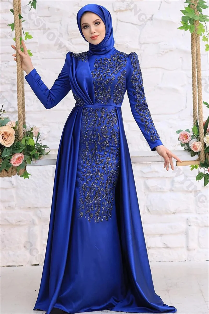 

Satin Appliques Beaded Muslim Evening Dresses Long Sleeve Islamic Formal Party Gowns High Neck Women Arabic Robes De Soirée