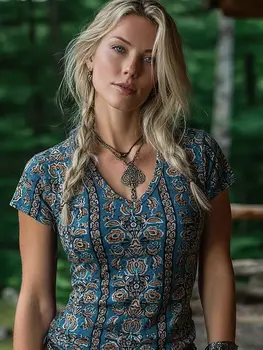 Artistic Bohemian Floral Print Casual T Shirt V Neck Short Sleeve Tee For Women Summer Holiday Travel And Daily Outfits