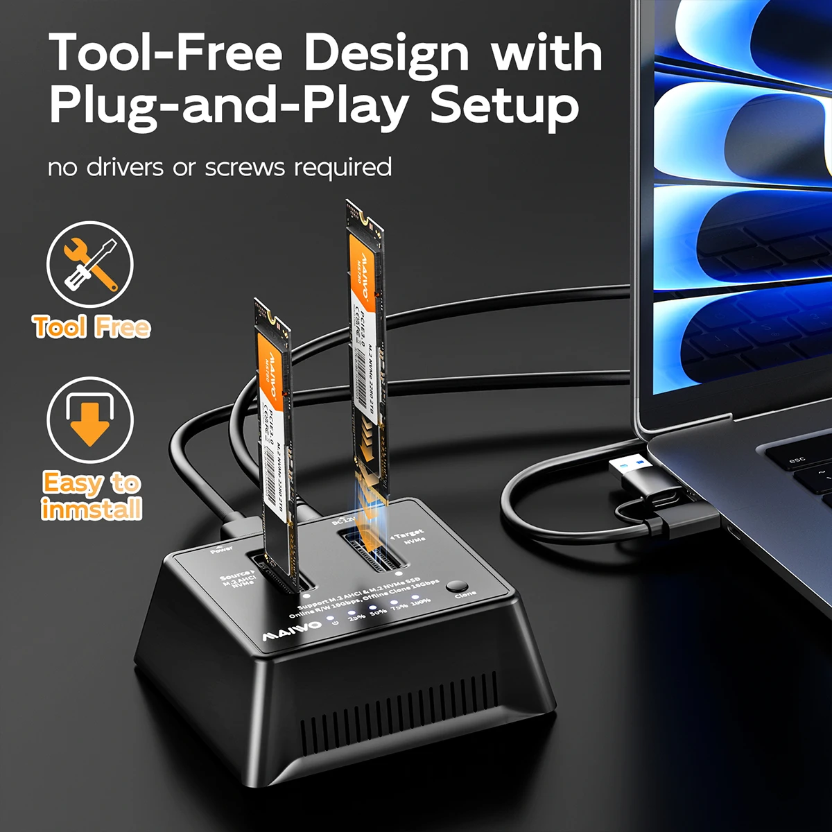 MAIWO SSD 케이스 듀얼 베이 M.2 NVMe 인클로저 10Gbps USB3.2 Gen2 SSD 어댑터 (오프라인 복제 기능 포함) 맥북, 아이패드, PC용 8TB 용량