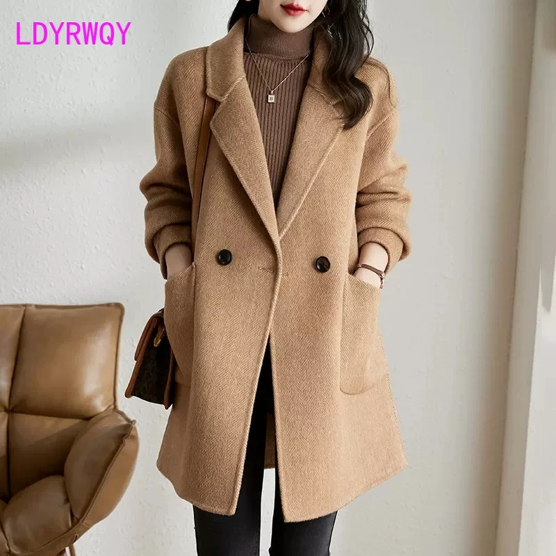 Pink Korean Style Thickened Woolen Coat 2022 Autumn/Winter New Herringbone Pattern Coat Women's Mid length