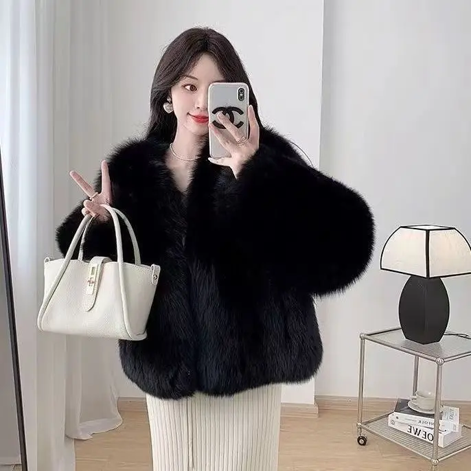 

Autumn Winter Thick Faux Fur Coat Imitation Fox Fur High Quality Warm Cardigan Luxury Chic Solid Korean Women Elegant Coat Q36