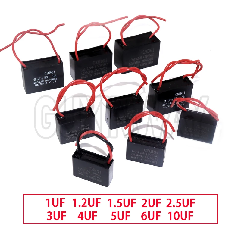 CBB61 Fan Capacitor 450V 1UF 1.2UF 1.5UF 2UF 2.5UF 3UF 4UF 5UF 6UF10UF Ceiling Fan Motor Run Rectangle Capacitor