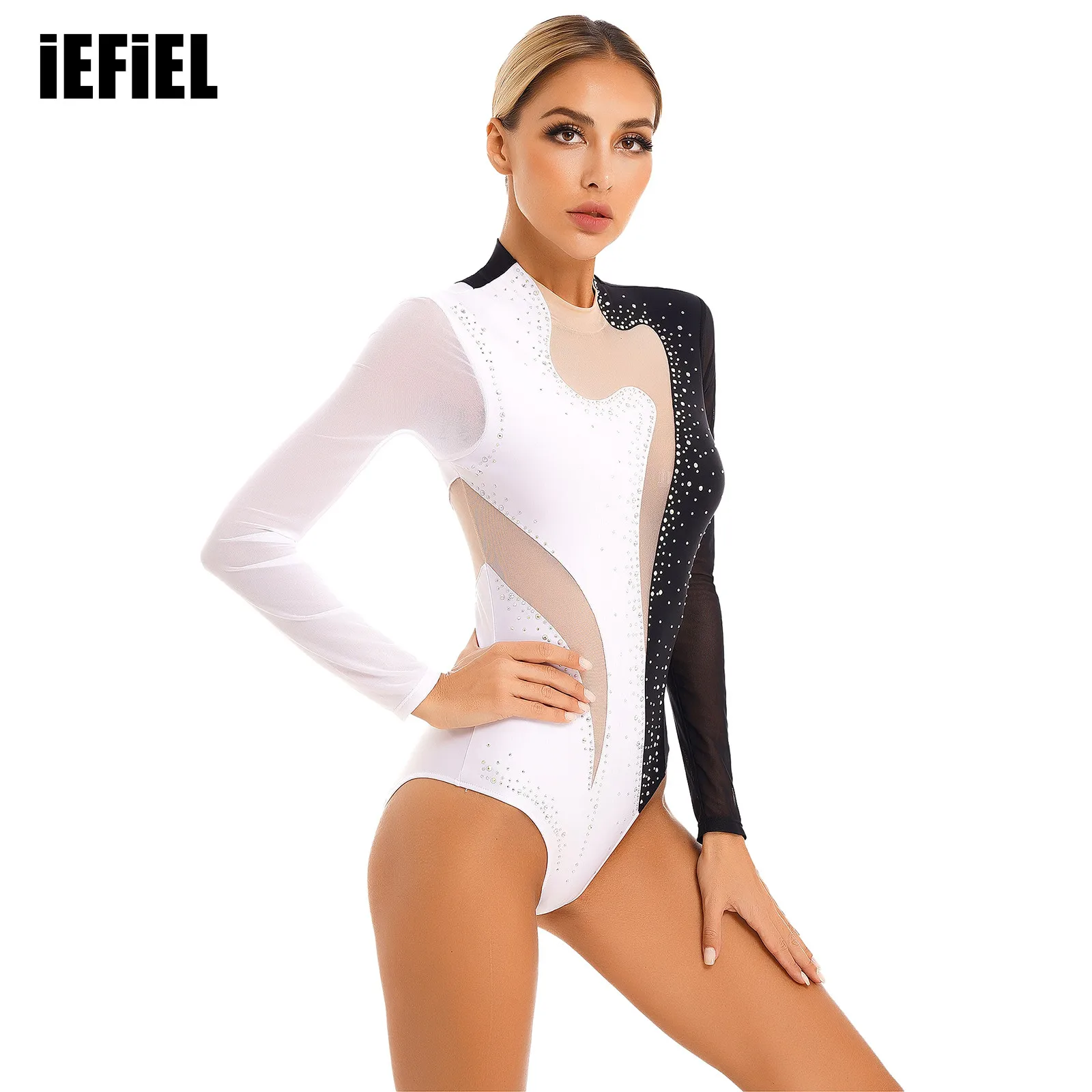 

Women Color Block Patchwork Bodysuit Leotard Sparkling Rhinestone Sheer Mesh for Gymnastics Acrobatics Dancewear Ballet Latin