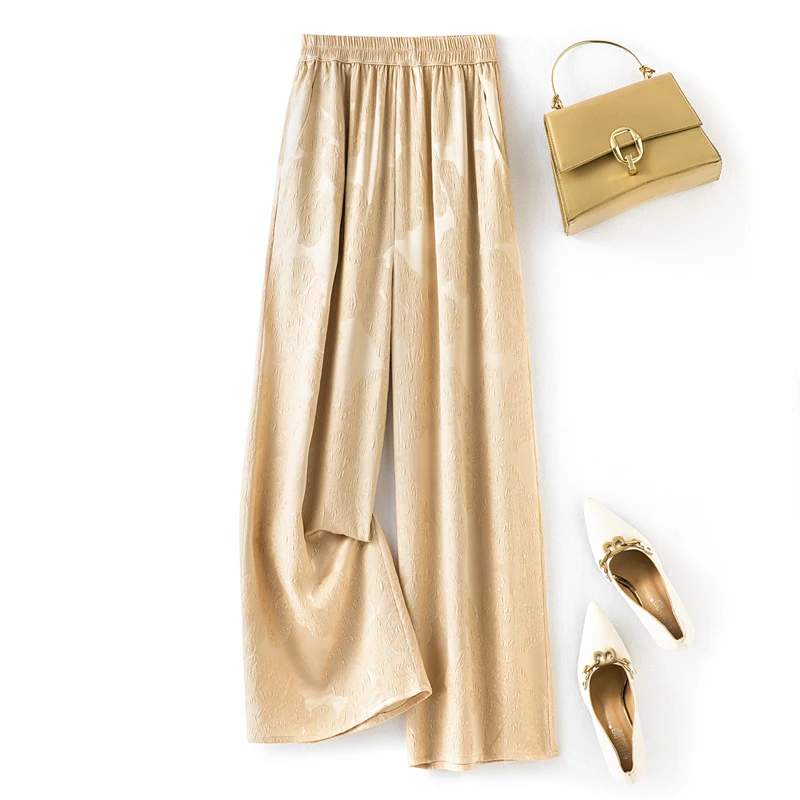 2024 Women's Fashion Summer New Natural Mulberry Silk GuanLe Satin Champagne Elastic Waist Loose Versatile Casual Wide Leg Pants