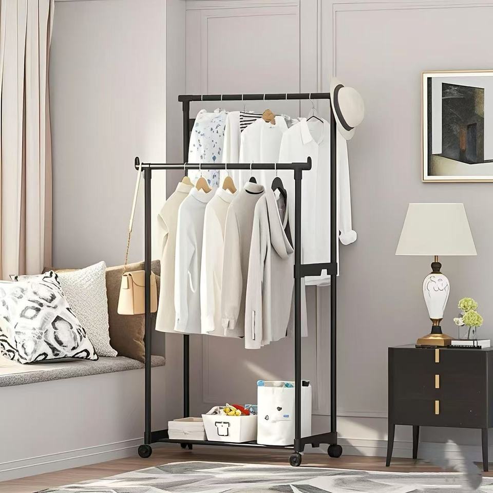 The double-decker mobile hanger does not take up space Double hanger pole Easy and convenient hanger Telescopic