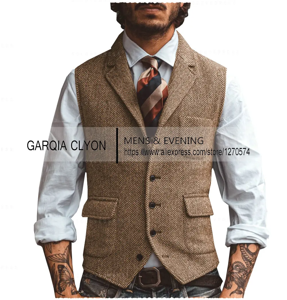Men's Suits Vest V Neck Lapel Casual Classic Formal Business Herringbone Slim Fit For Wedding Groomsmen