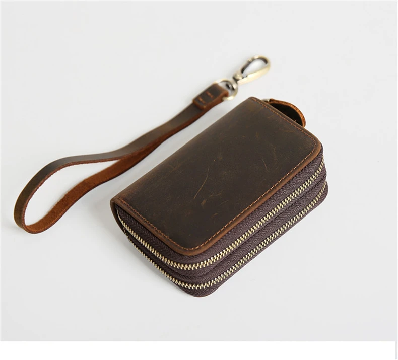 Genuine Leather Key Wallets Men Vintage Handmade Zipper Car Key Holder Cowhide Keys Organizer Women Housekeeper Case Coin Purse