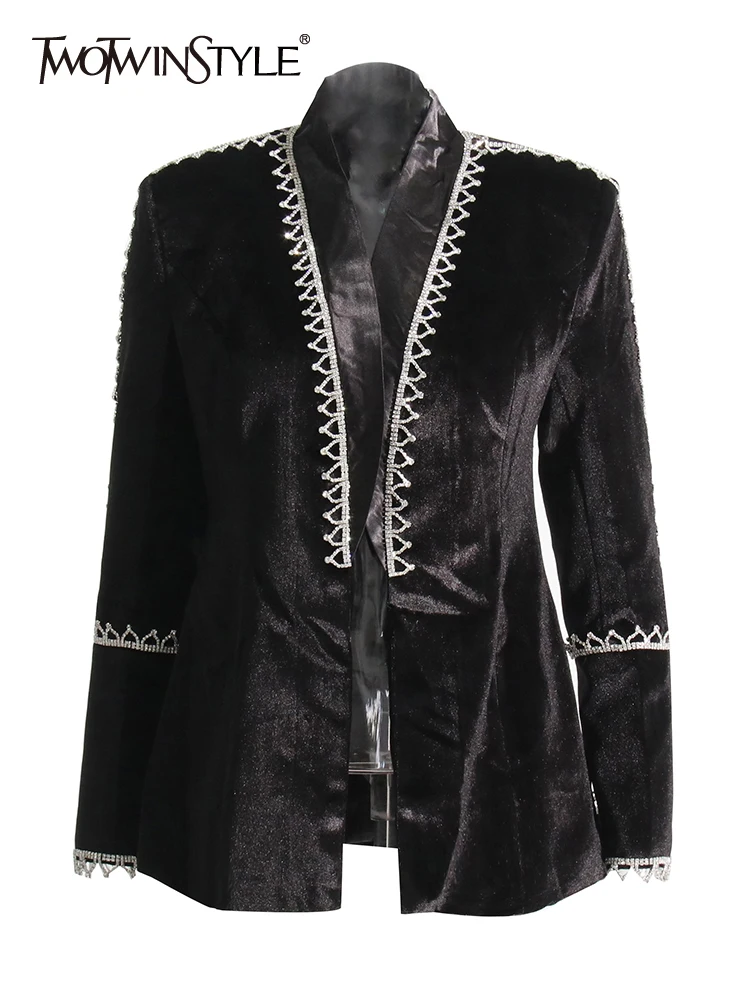 

TWOTWINSTYLE Korean Black Diamonds Blazer For Women V Neck Long Sleeve Open Stitch Solid Minimalist Blazers Female Clothing 2022
