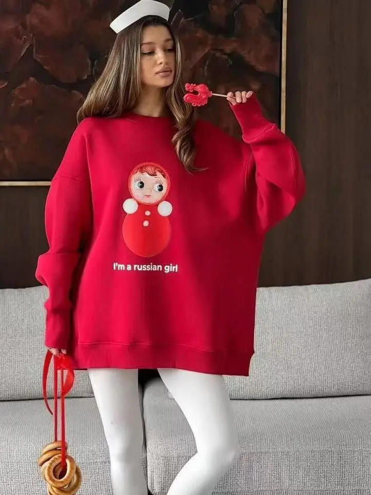 Chic Funny Russian Cartoon Cute Oversized Sweatshirt Adorable Matryoshka Doll Print "I'm A Russian Girl" Sweet Lady Casual Loose