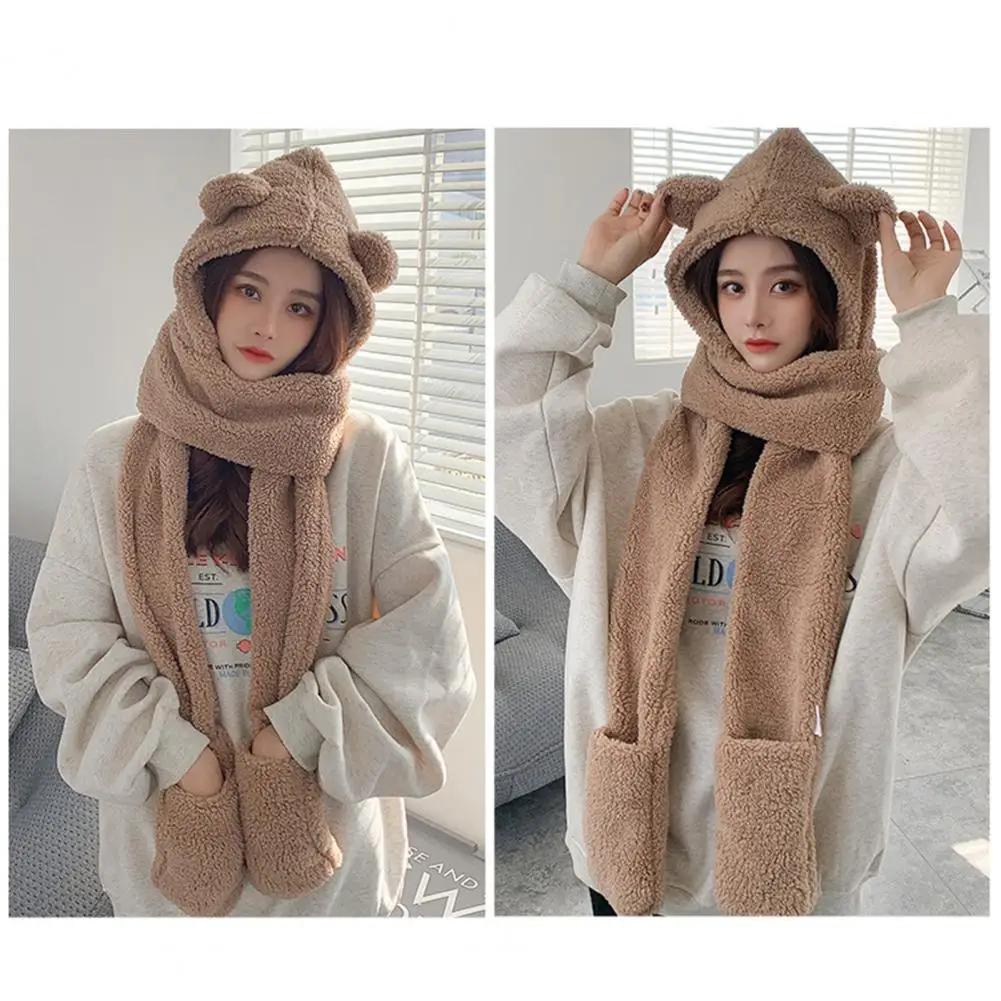

Stylish Autumn Winter Cartoon Bear Ear Girls Plush Scarf Hat Gloves Hooded Scarf Gloves Breathable Coldproof