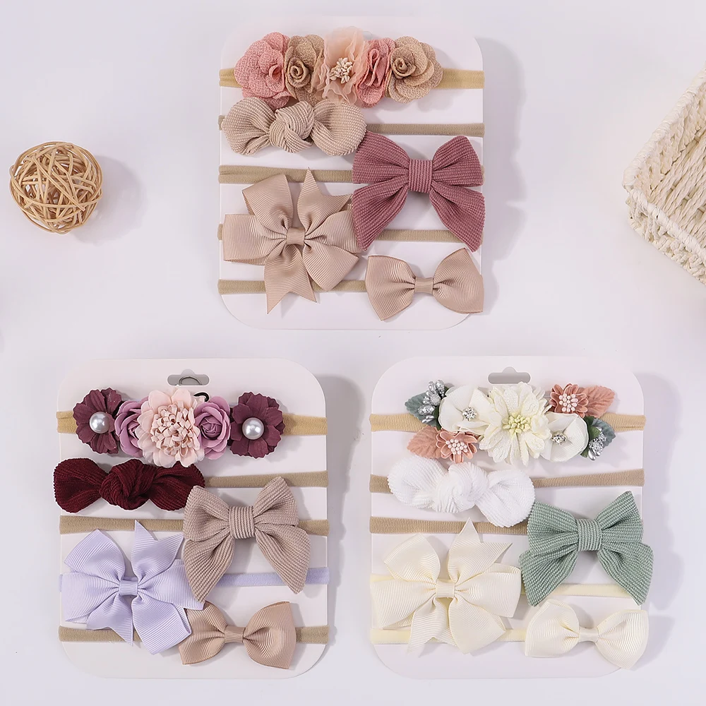 Süße elastische Stirnbänder für Babys, neue Schleife, gestrickt, Nylon-Stirnbänder, 5 Stück/Set, hübsche Blumen-Haarbänder, Dekoration, Kopfbedeckung
