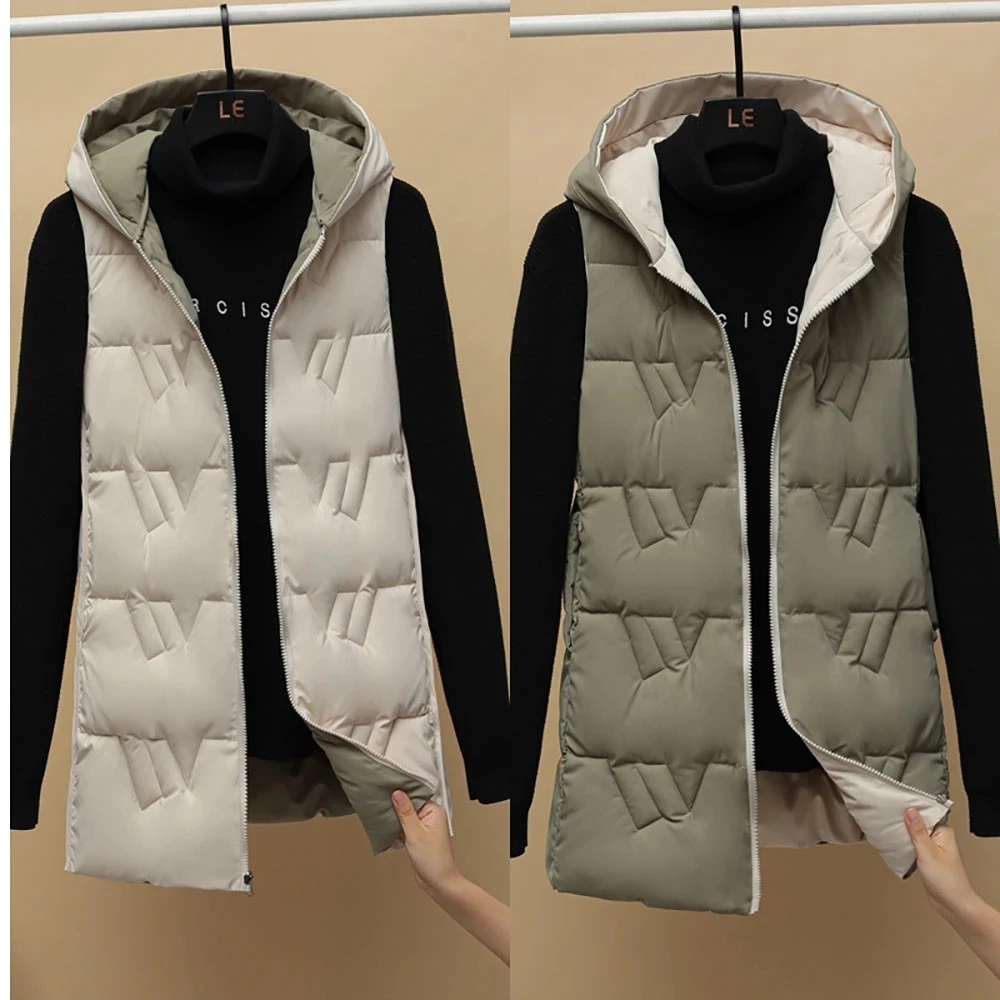 

Autumn and Winter Reversible Long Women's Tank Top Fashion New Warm Hooded Tank Top Thickened Cotton Padded Sleeveless Coat 2023